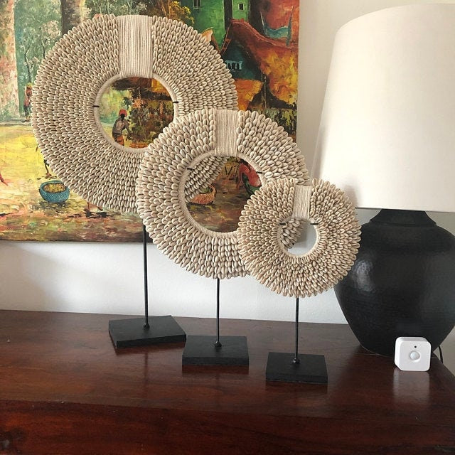 Traditional Papua Necklace Art Stand – Made with Cowrie Shells and Cotton Macramé Yarn; Tribal Necklace Display Sculpture for Table, Mantel
