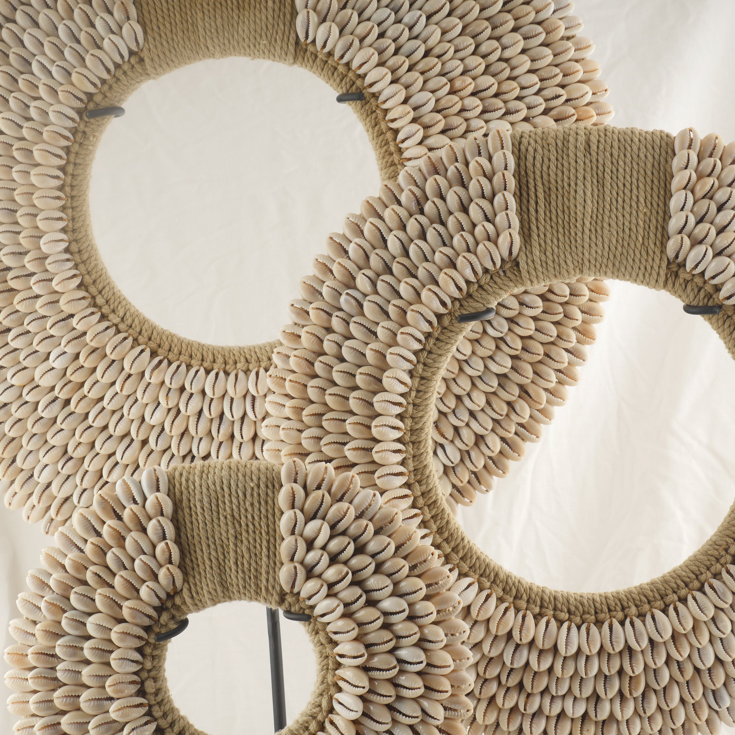 Traditional Papua Necklace Art Stand – Made with Cowrie Shells and Cotton Macramé Yarn; Tribal Necklace Display Sculpture for Table, Mantel
