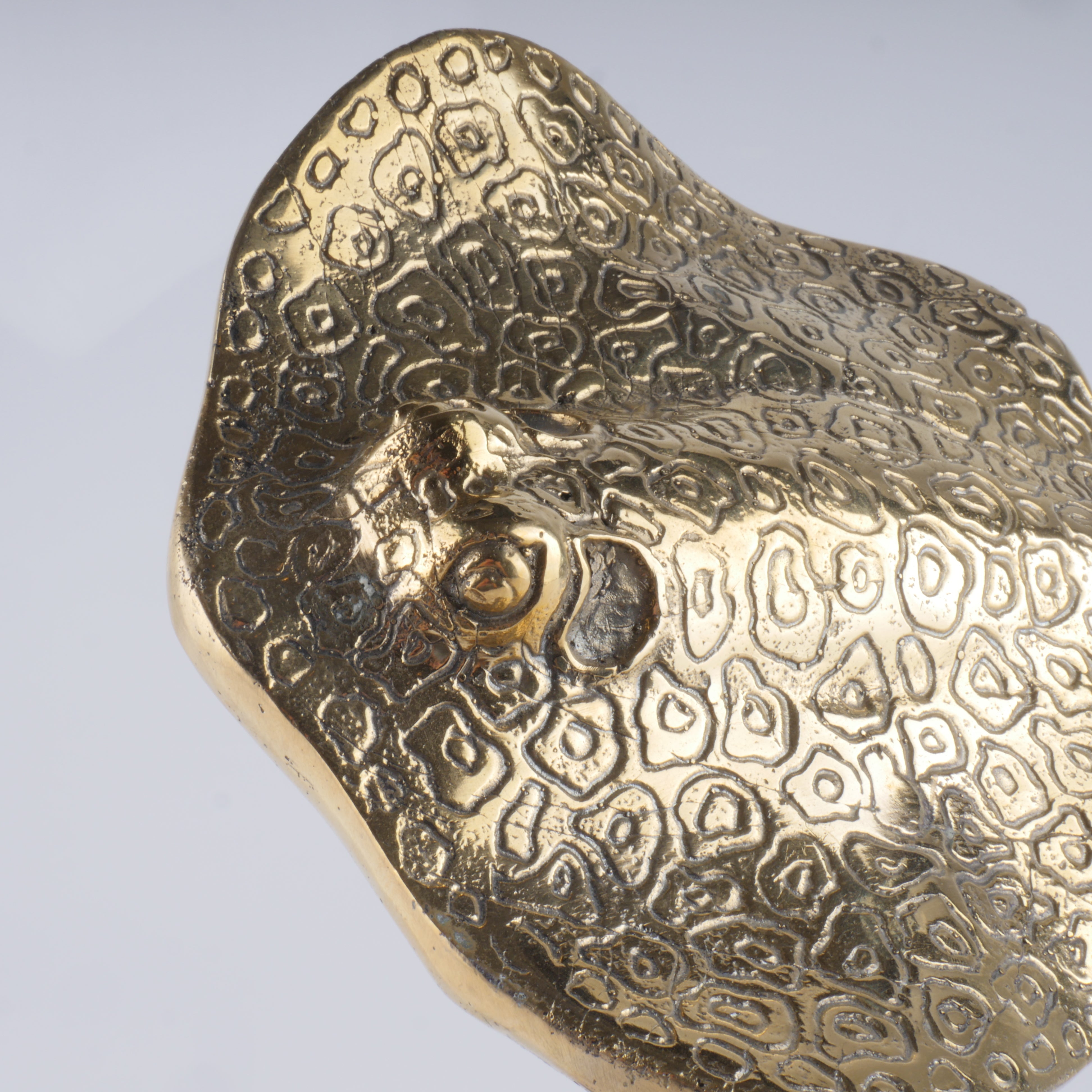 a close up of a metal object on a white background