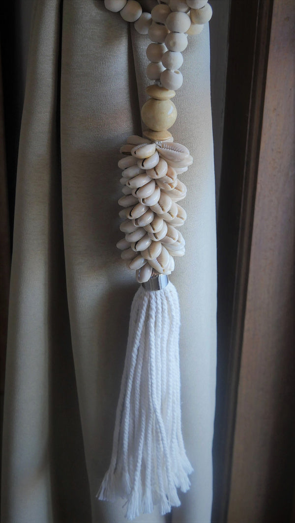 Pair of Handmade Boho Bed and Curtain Tassels with sea shells, Curtain Decor Accessories, White Curtain Holdback, Black Curtain Holdback