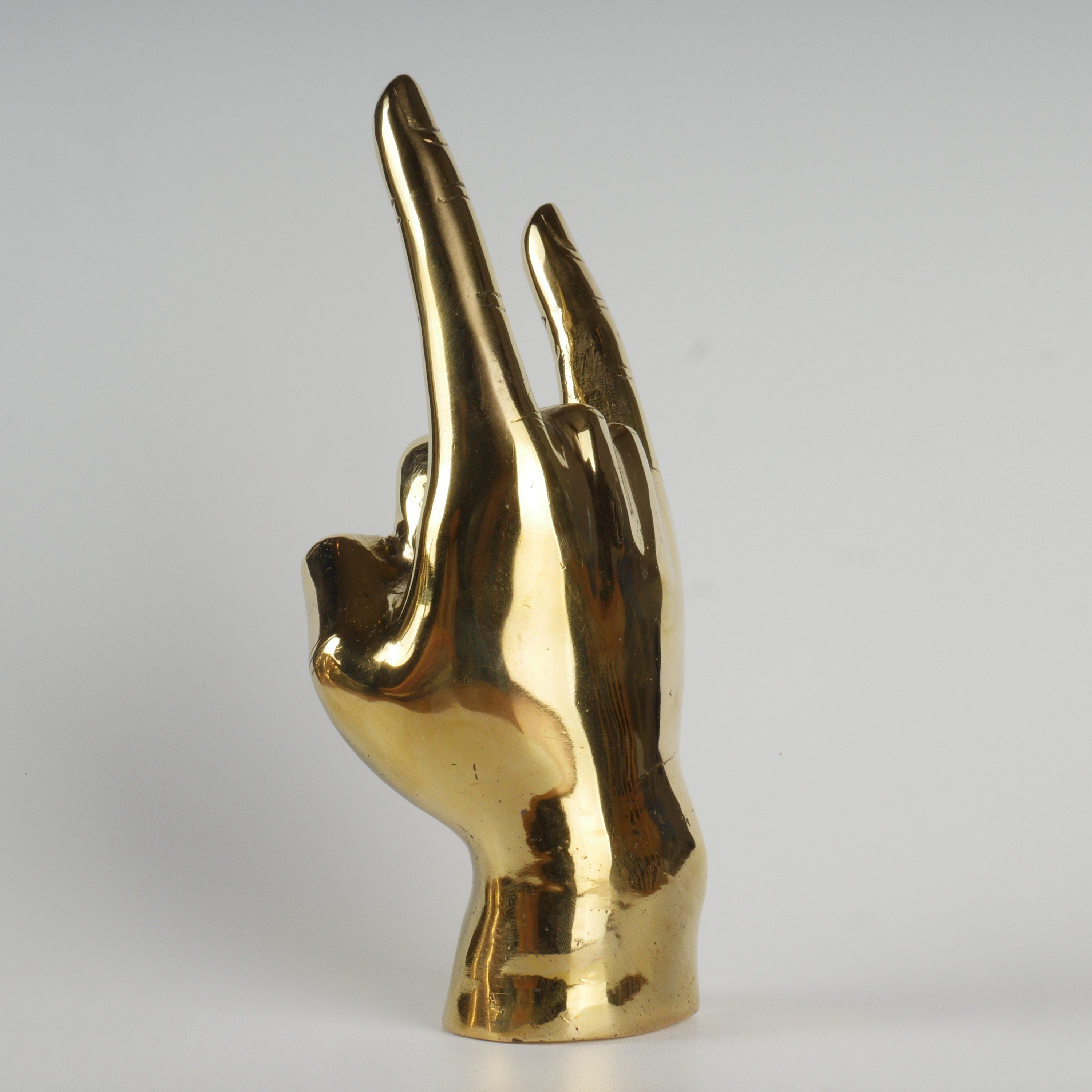 9” Tall Brass Hand Sculpture with Texas Longhorns "Hook 'Em Horns" Like Hand Gesture; Shelf or Table Hand Figure – Made of Polished Brass