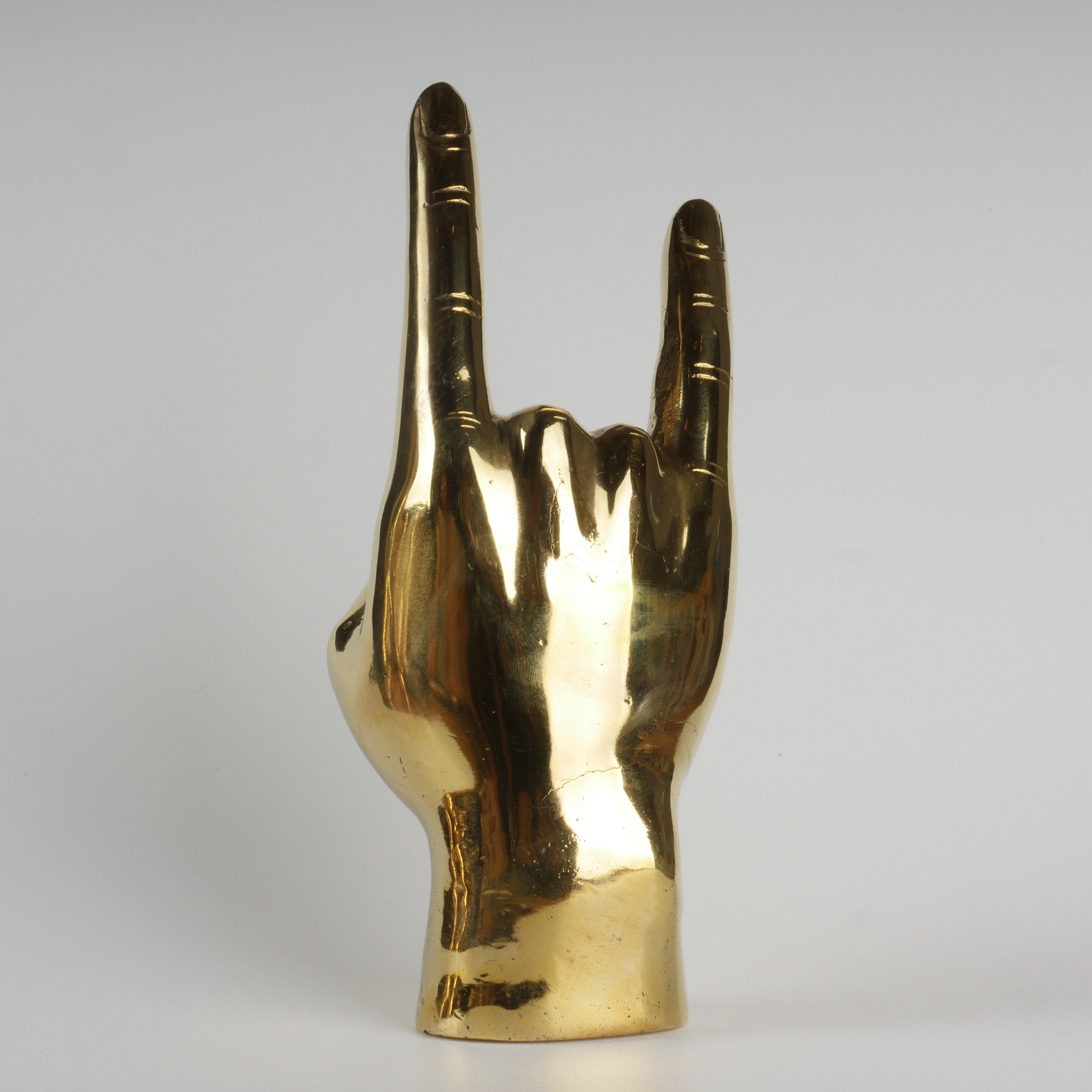 9” Tall Brass Hand Sculpture with Texas Longhorns "Hook 'Em Horns" Like Hand Gesture; Shelf or Table Hand Figure – Made of Polished Brass