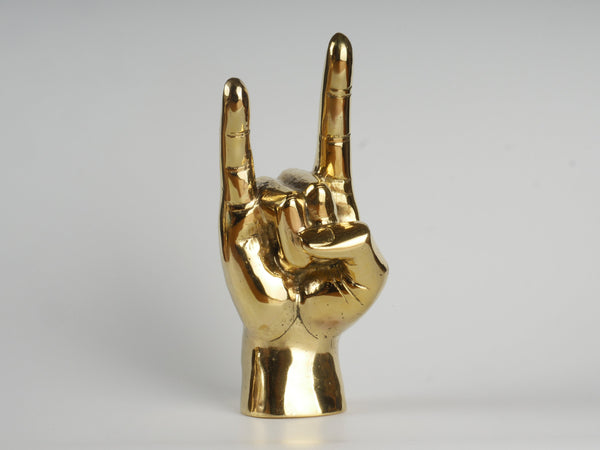 9” Tall Brass Hand Sculpture with Texas Longhorns "Hook 'Em Horns" Like Hand Gesture; Shelf or Table Hand Figure – Made of Polished Brass