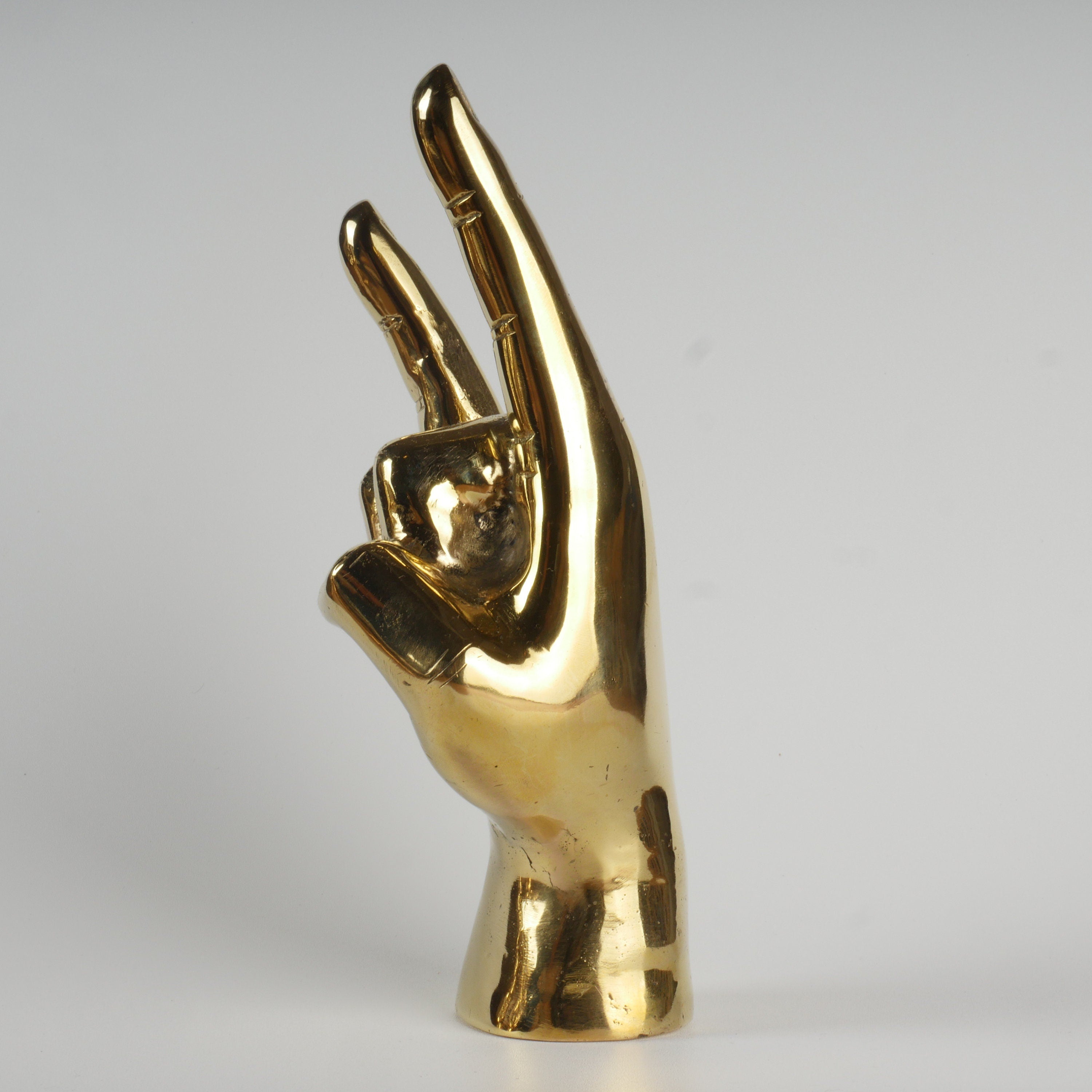 9” Tall Brass Hand Sculpture with Texas Longhorns "Hook 'Em Horns" Like Hand Gesture; Shelf or Table Hand Figure – Made of Polished Brass