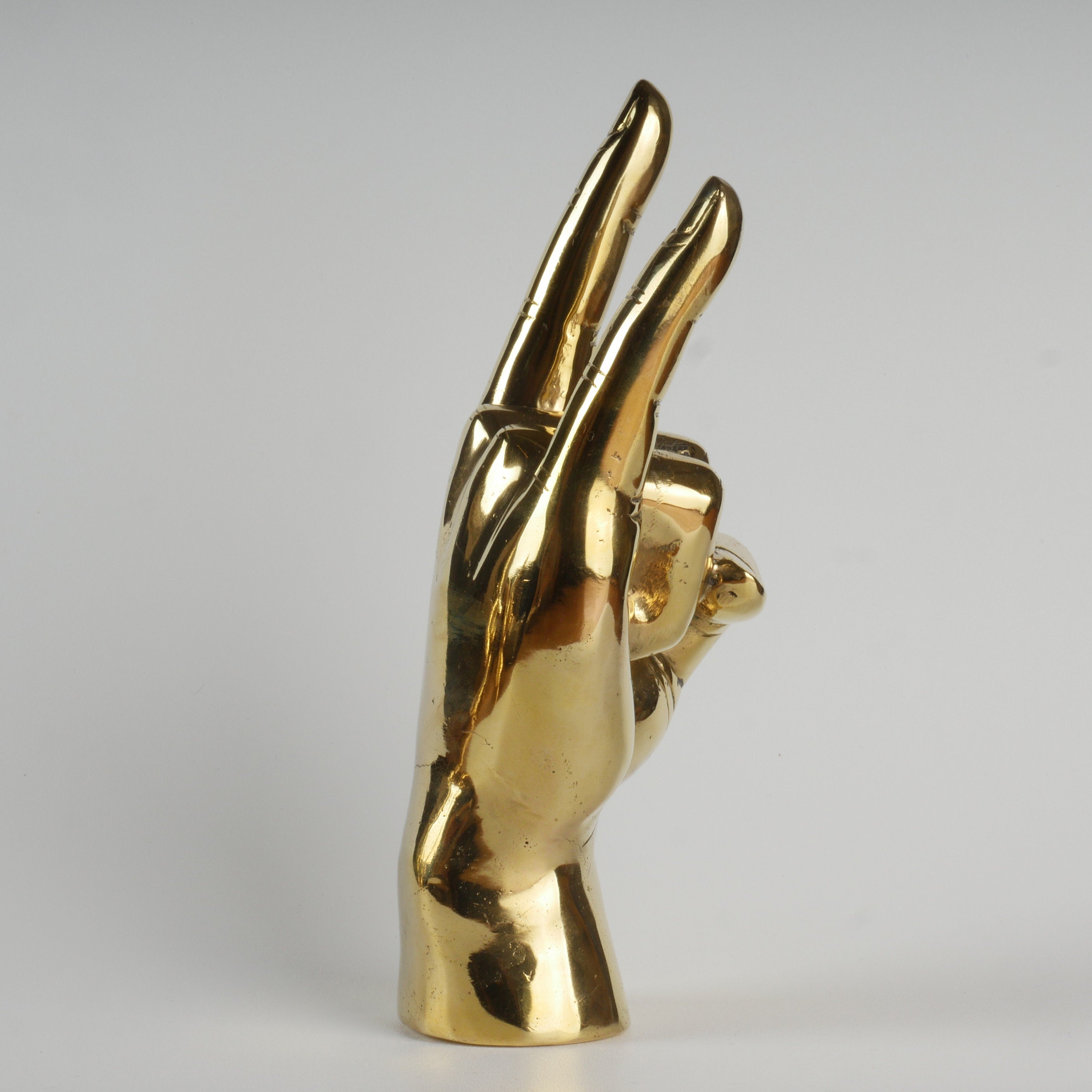9” Tall Brass Hand Sculpture with Texas Longhorns "Hook 'Em Horns" Like Hand Gesture; Shelf or Table Hand Figure – Made of Polished Brass