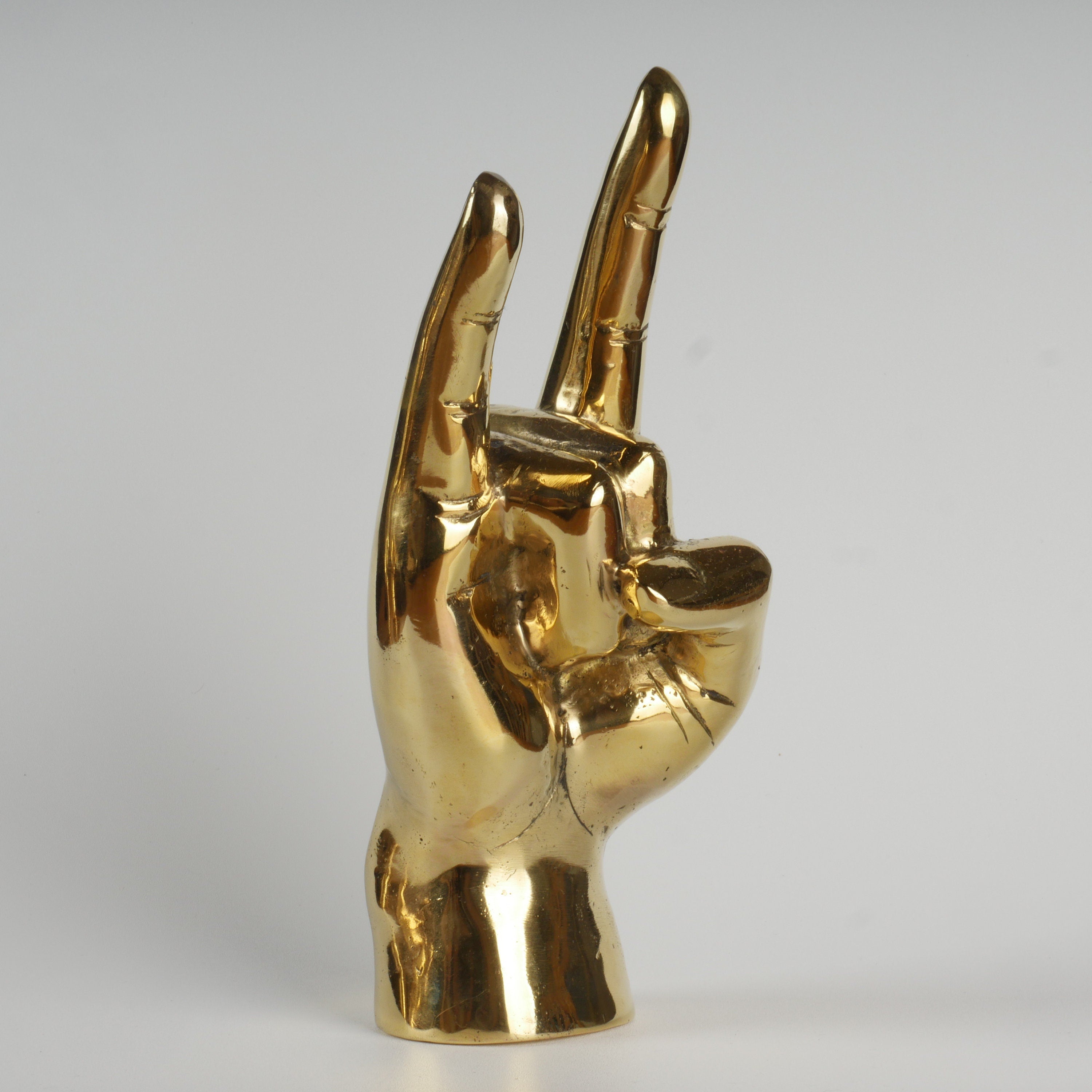 9” Tall Brass Hand Sculpture with Texas Longhorns "Hook 'Em Horns" Like Hand Gesture; Shelf or Table Hand Figure – Made of Polished Brass
