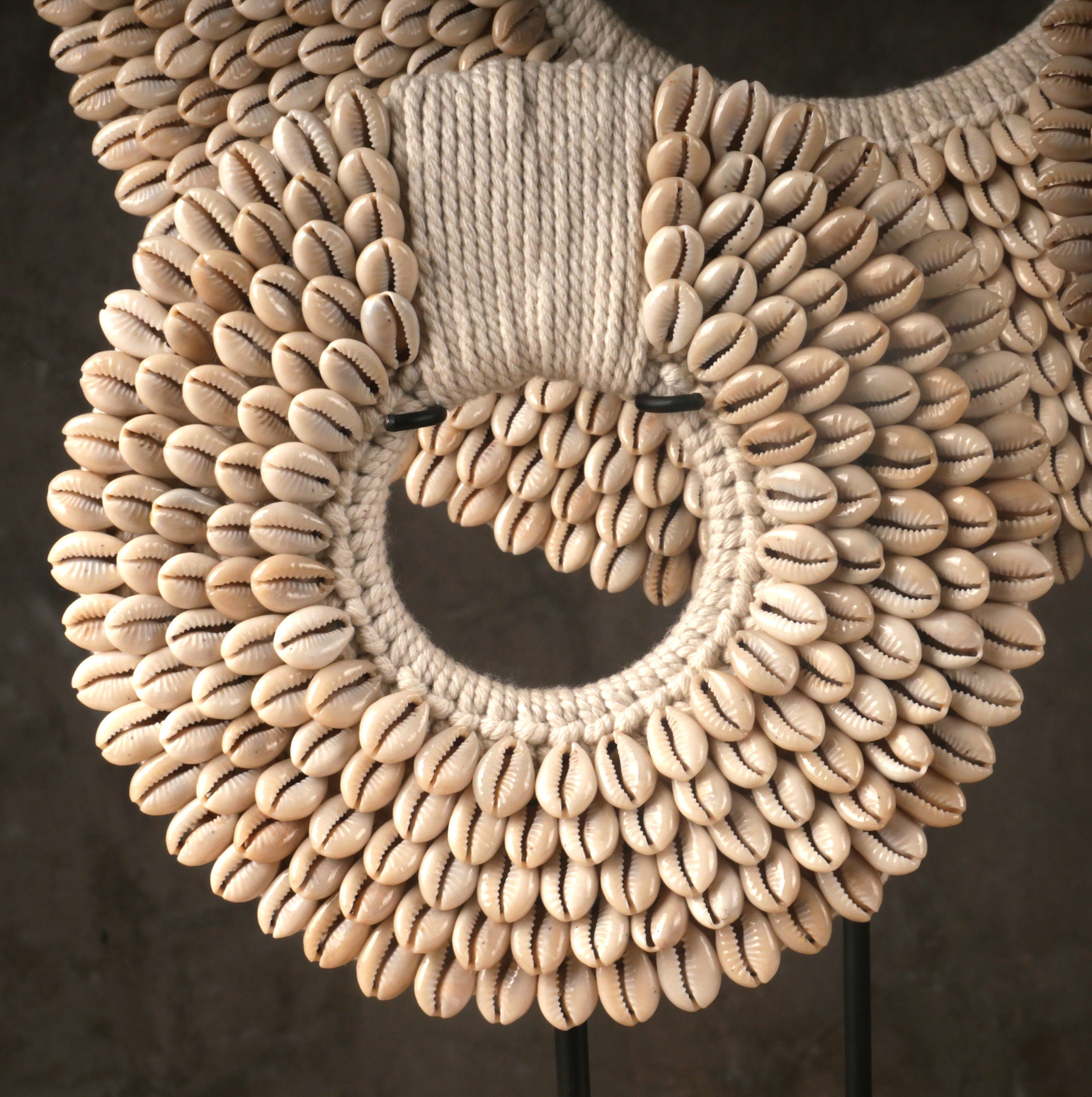 Traditional Papua Necklace Art Stand – Made with Cowrie Shells and Cotton Macramé Yarn; Tribal Necklace Display Sculpture for Table, Mantel