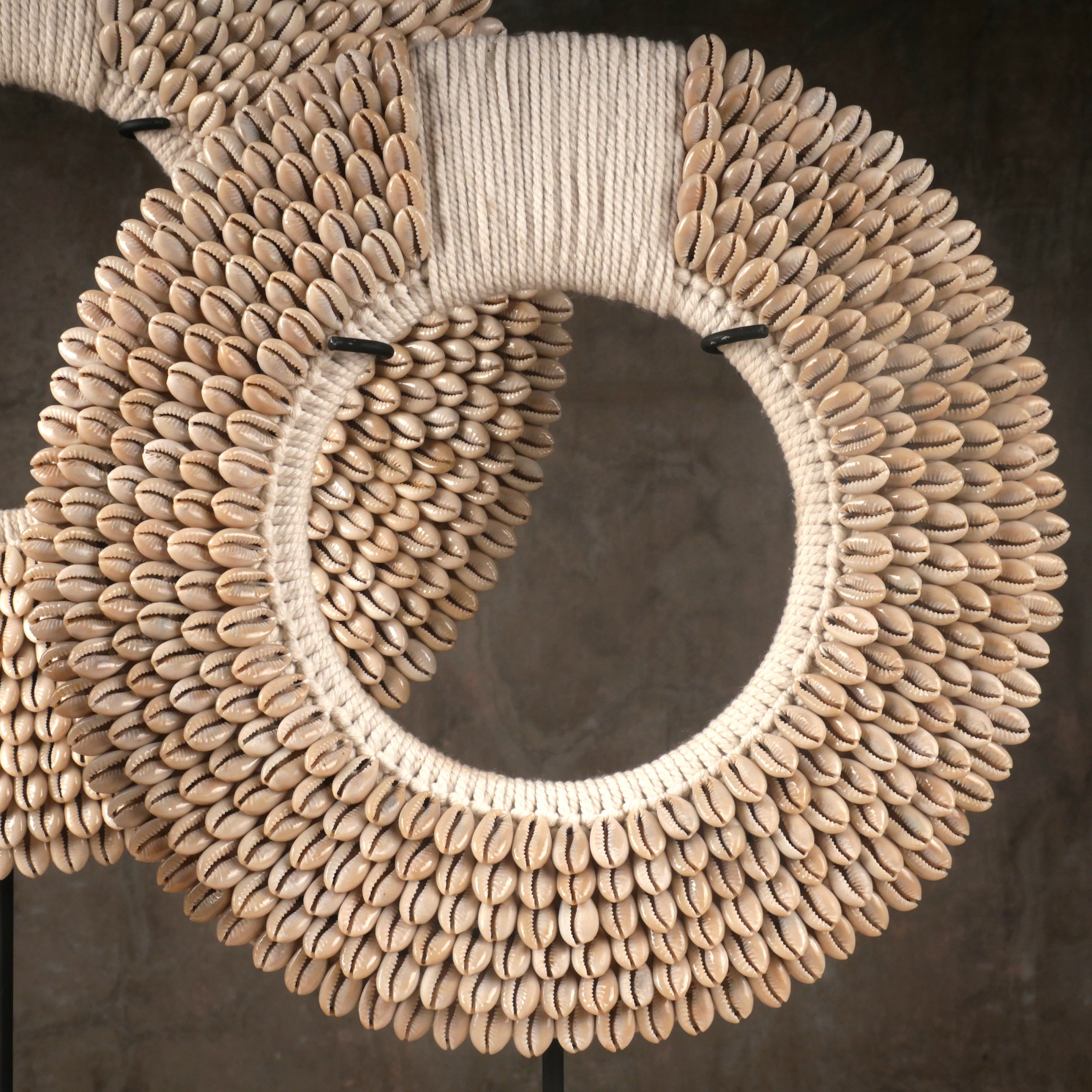 Traditional Papua Necklace Art Stand – Made with Cowrie Shells and Cotton Macramé Yarn; Tribal Necklace Display Sculpture for Table, Mantel