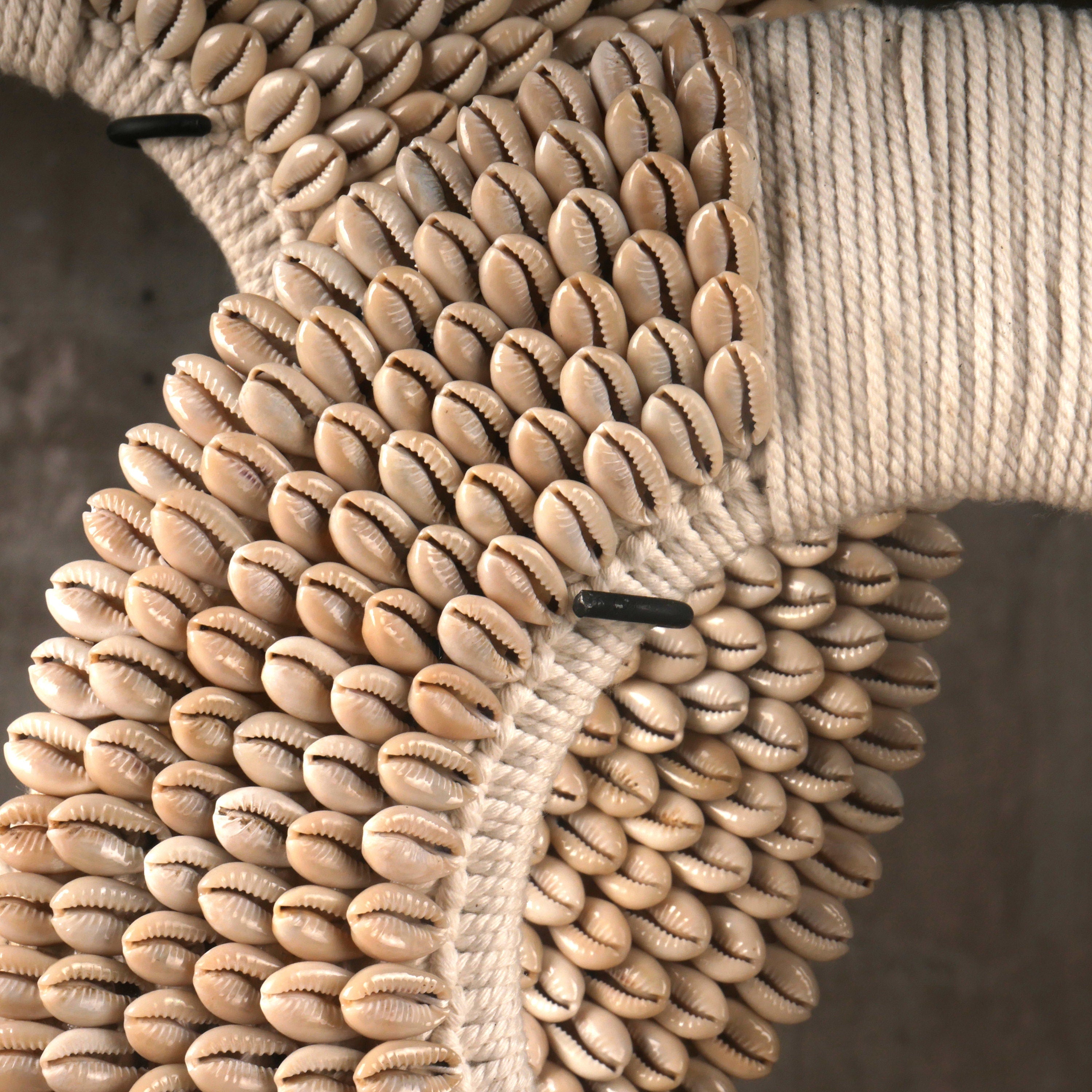 Traditional Papua Necklace Art Stand – Made with Cowrie Shells and Cotton Macramé Yarn; Tribal Necklace Display Sculpture for Table, Mantel