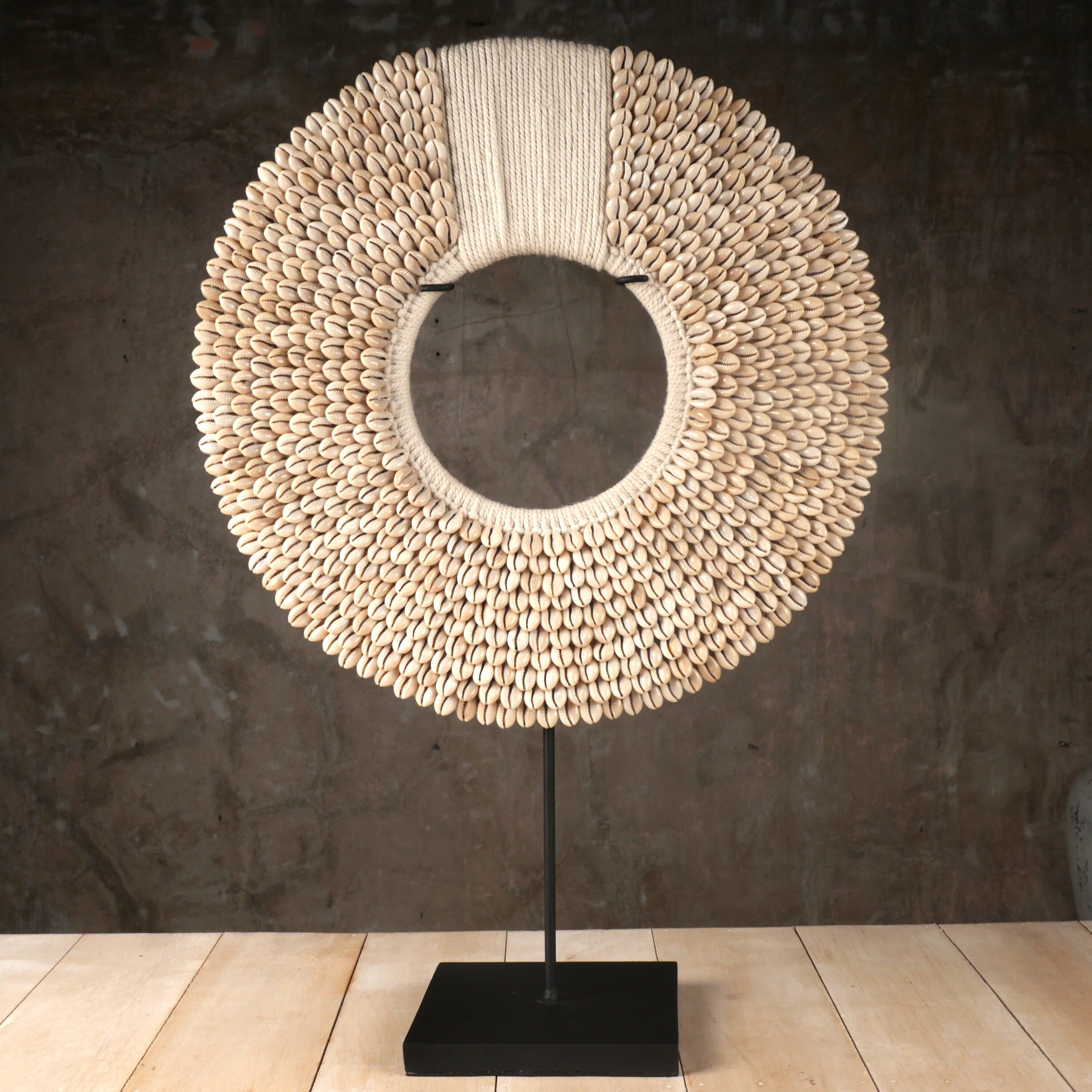 Traditional Papua Necklace Art Stand – Made with Cowrie Shells and Cotton Macramé Yarn; Tribal Necklace Display Sculpture for Table, Mantel