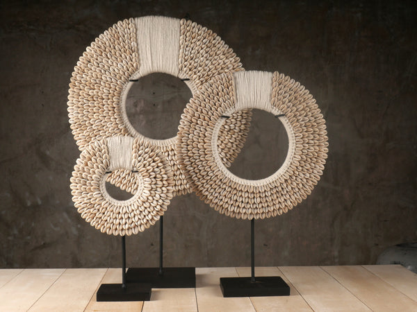 Traditional Papua Necklace Art Stand – Made with Cowrie Shells and Cotton Macramé Yarn; Tribal Necklace Display Sculpture for Table, Mantel