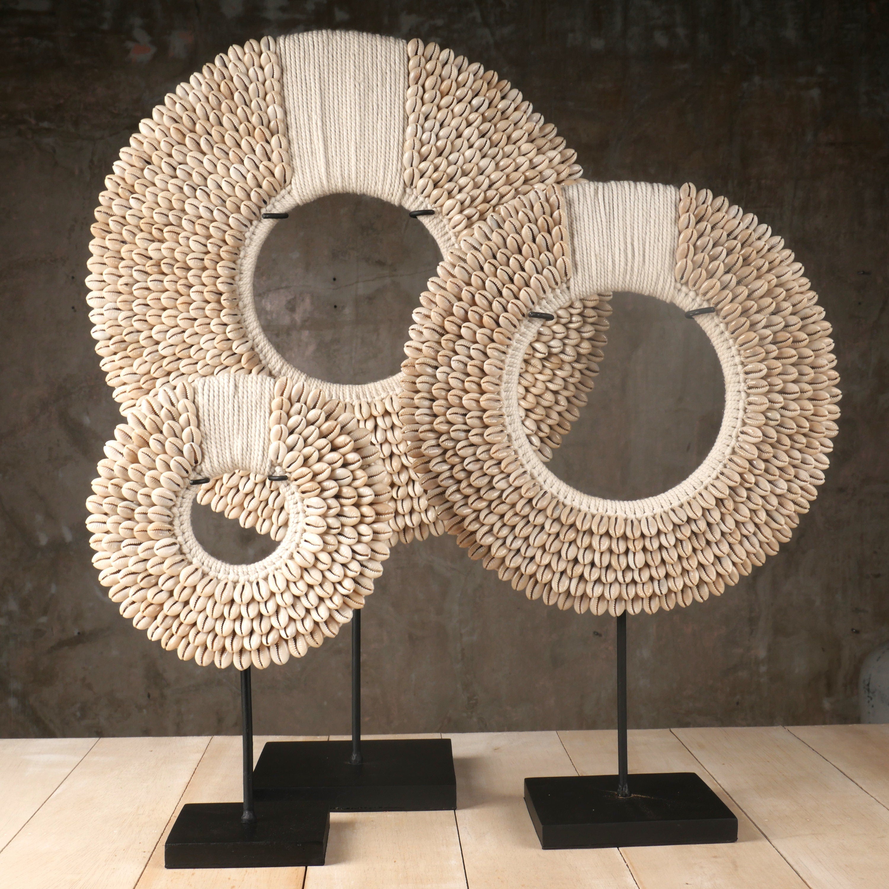 Traditional Papua Necklace Art Stand – Made with Cowrie Shells and Cotton Macramé Yarn; Tribal Necklace Display Sculpture for Table, Mantel