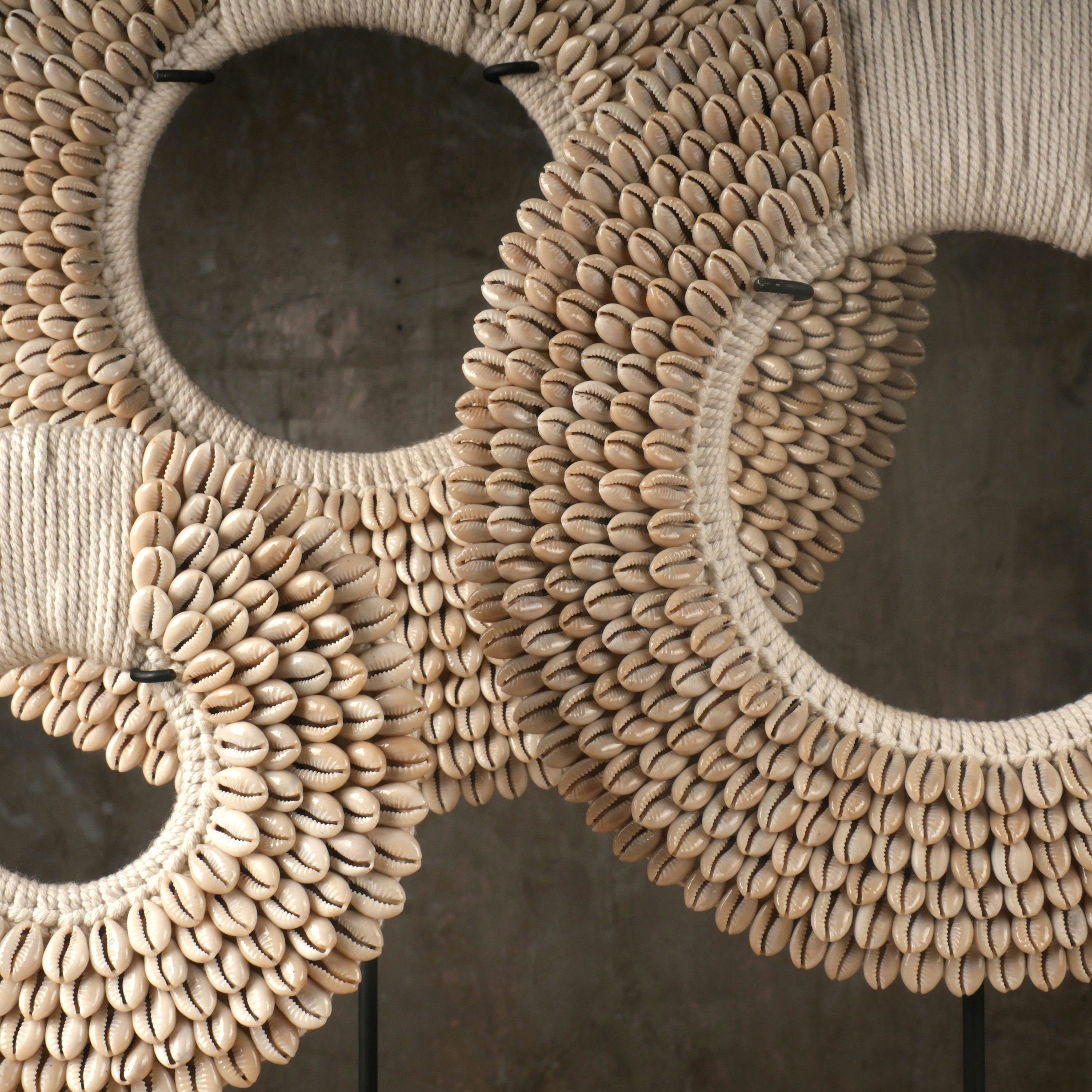 Traditional Papua Necklace Art Stand – Made with Cowrie Shells and Cotton Macramé Yarn; Tribal Necklace Display Sculpture for Table, Mantel