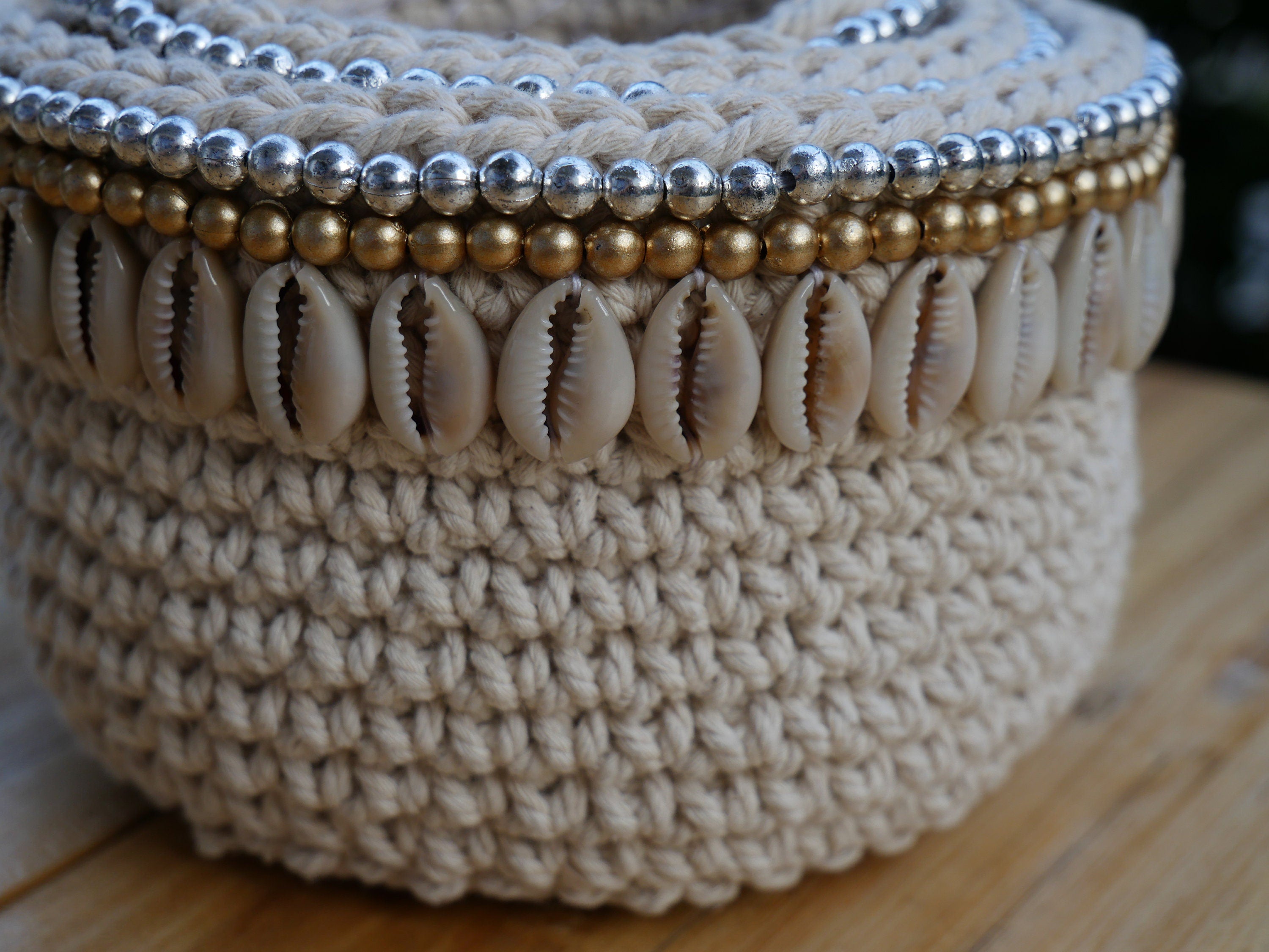 Set of 3 Macrame Crochet Baskets. Cowrie Shell Decor. Handmade. Storage Basket. Makeup Organizer. Bathroom Decor. Nursery Decor