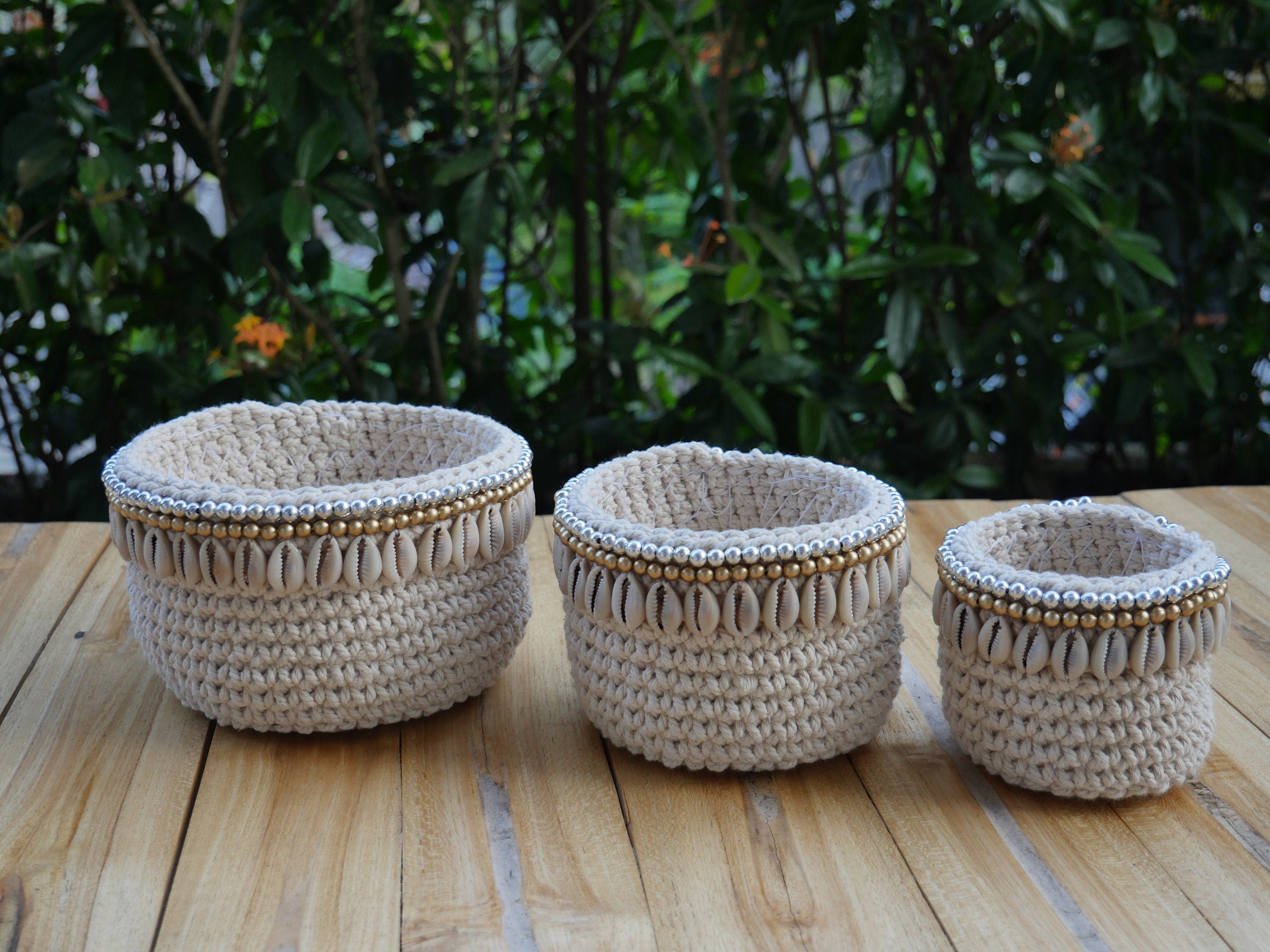 Set of 3 Macrame Crochet Baskets. Cowrie Shell Decor. Handmade. Storage Basket. Makeup Organizer. Bathroom Decor. Nursery Decor