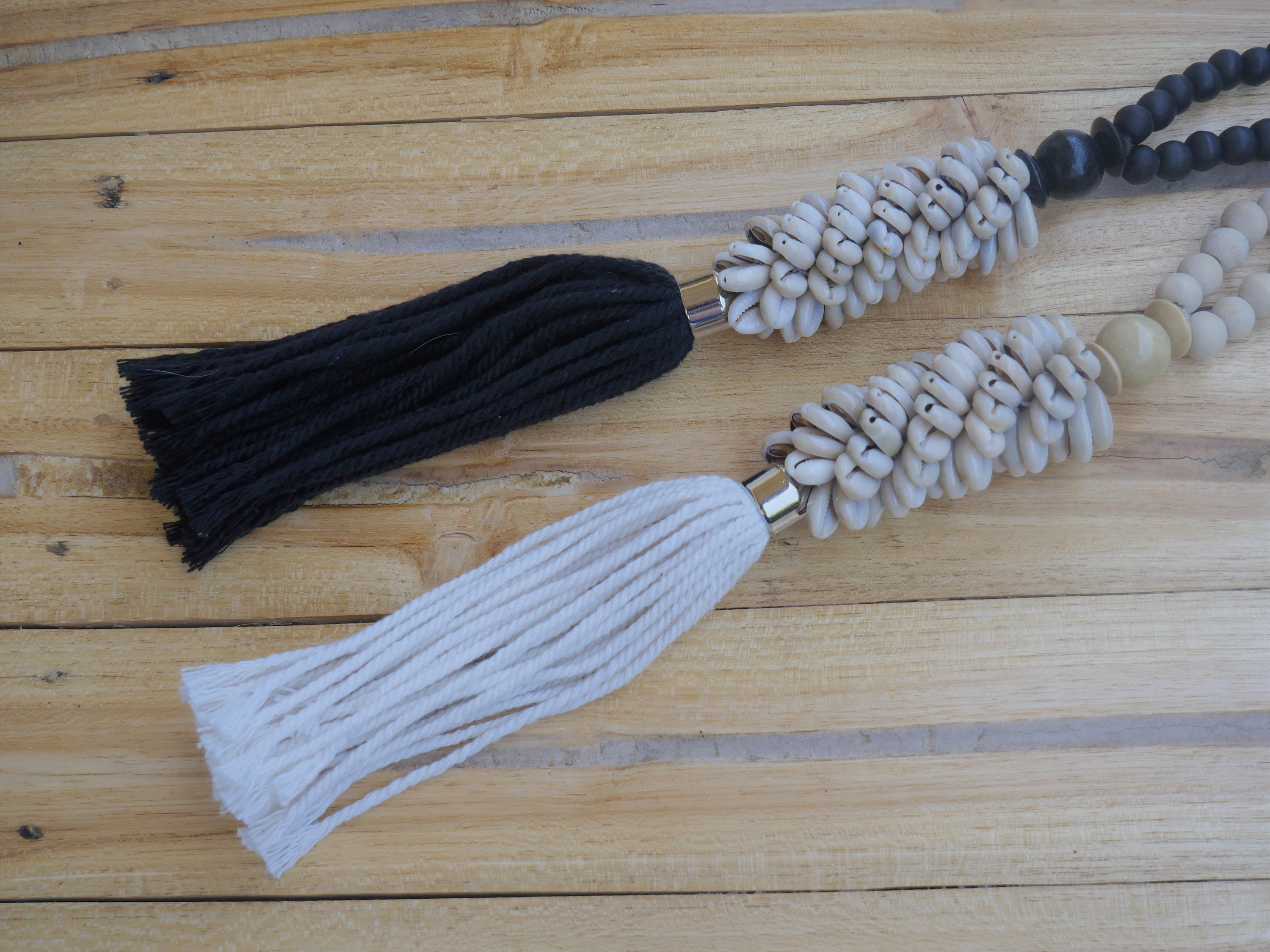 Pair of Handmade Boho Bed and Curtain Tassels with sea shells, Curtain Decor Accessories, White Curtain Holdback, Black Curtain Holdback