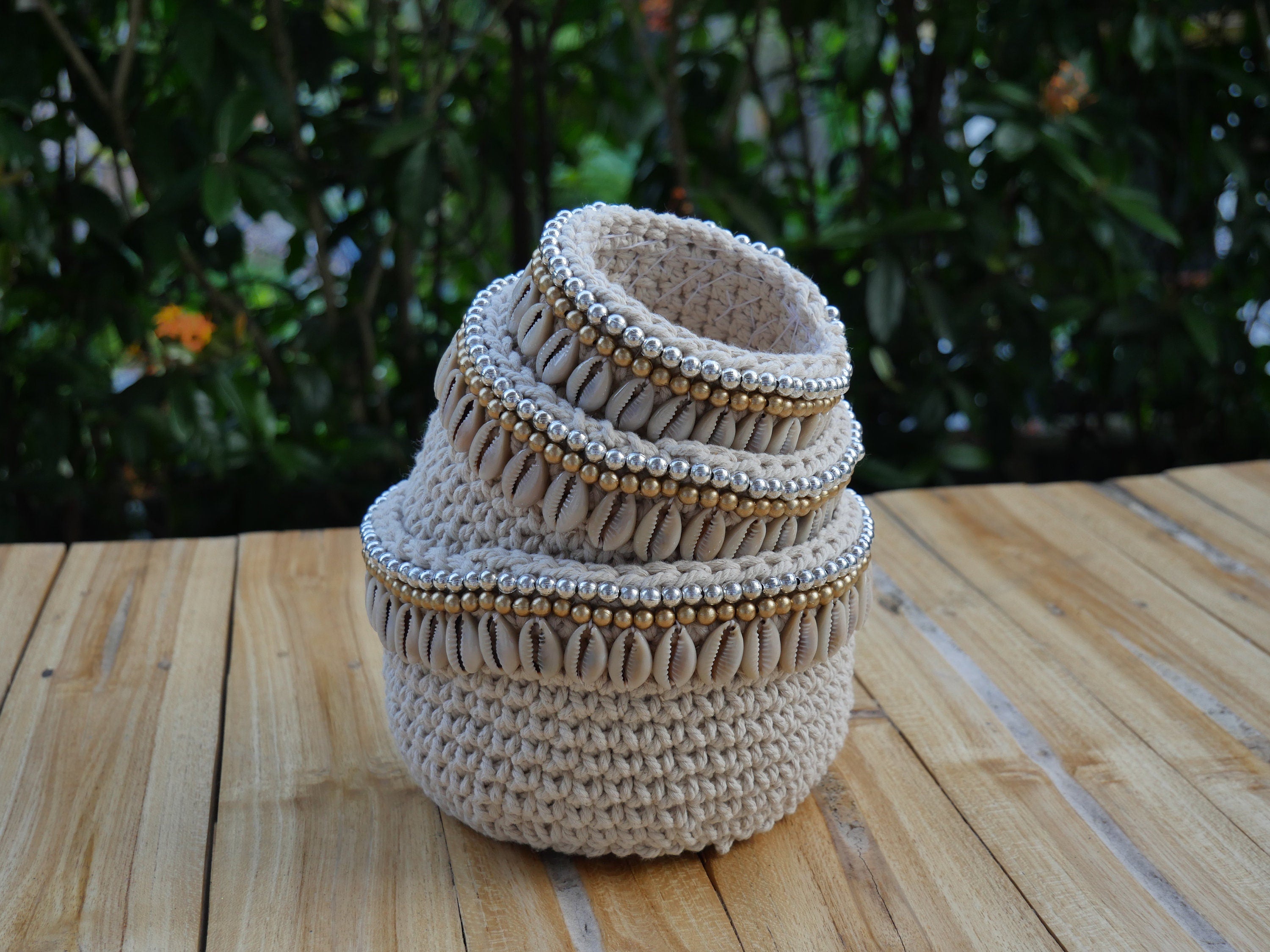 Set of 3 Macrame Crochet Baskets. Cowrie Shell Decor. Handmade. Storage Basket. Makeup Organizer. Bathroom Decor. Nursery Decor