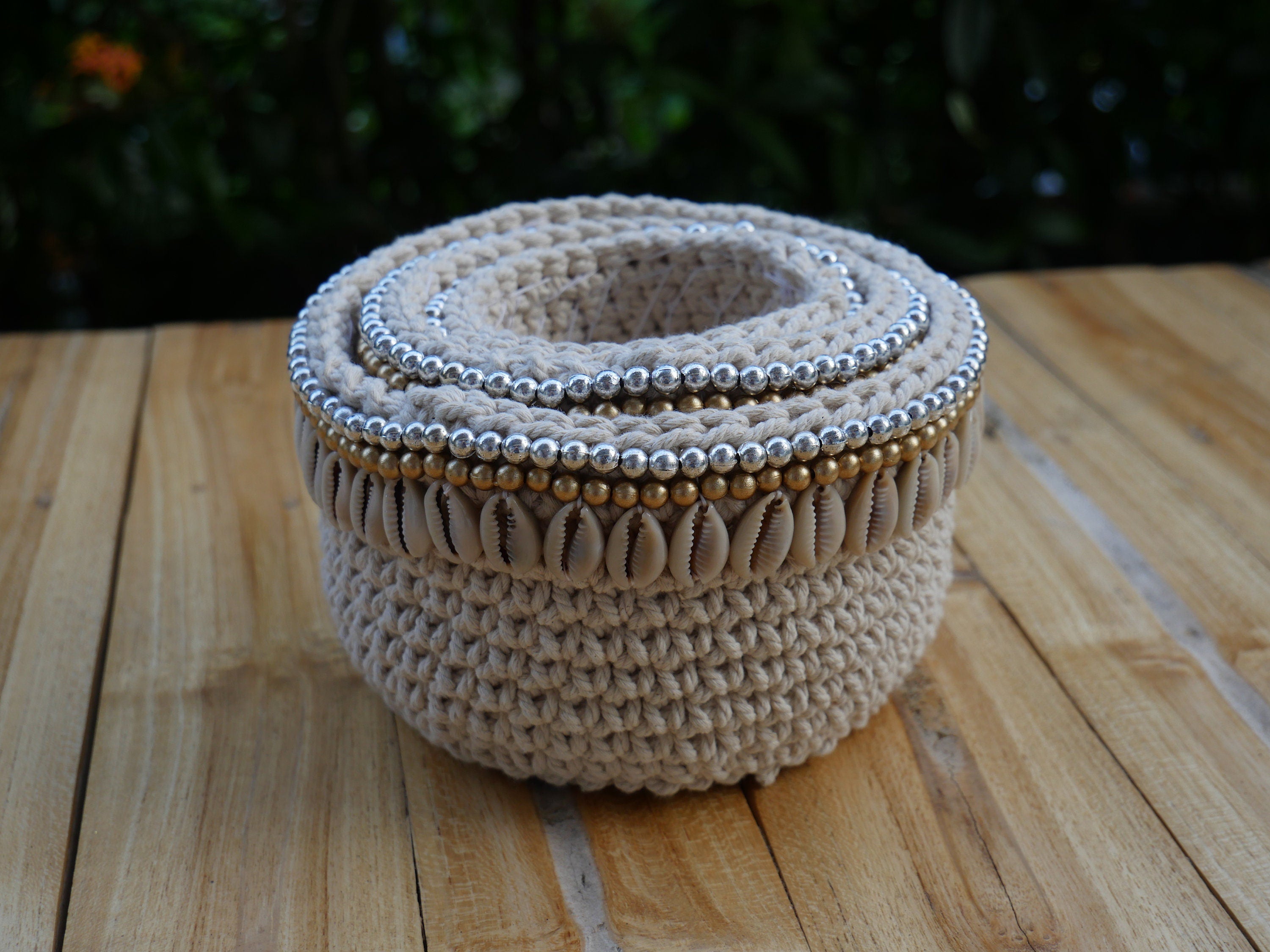 Set of 3 Macrame Crochet Baskets. Cowrie Shell Decor. Handmade. Storage Basket. Makeup Organizer. Bathroom Decor. Nursery Decor