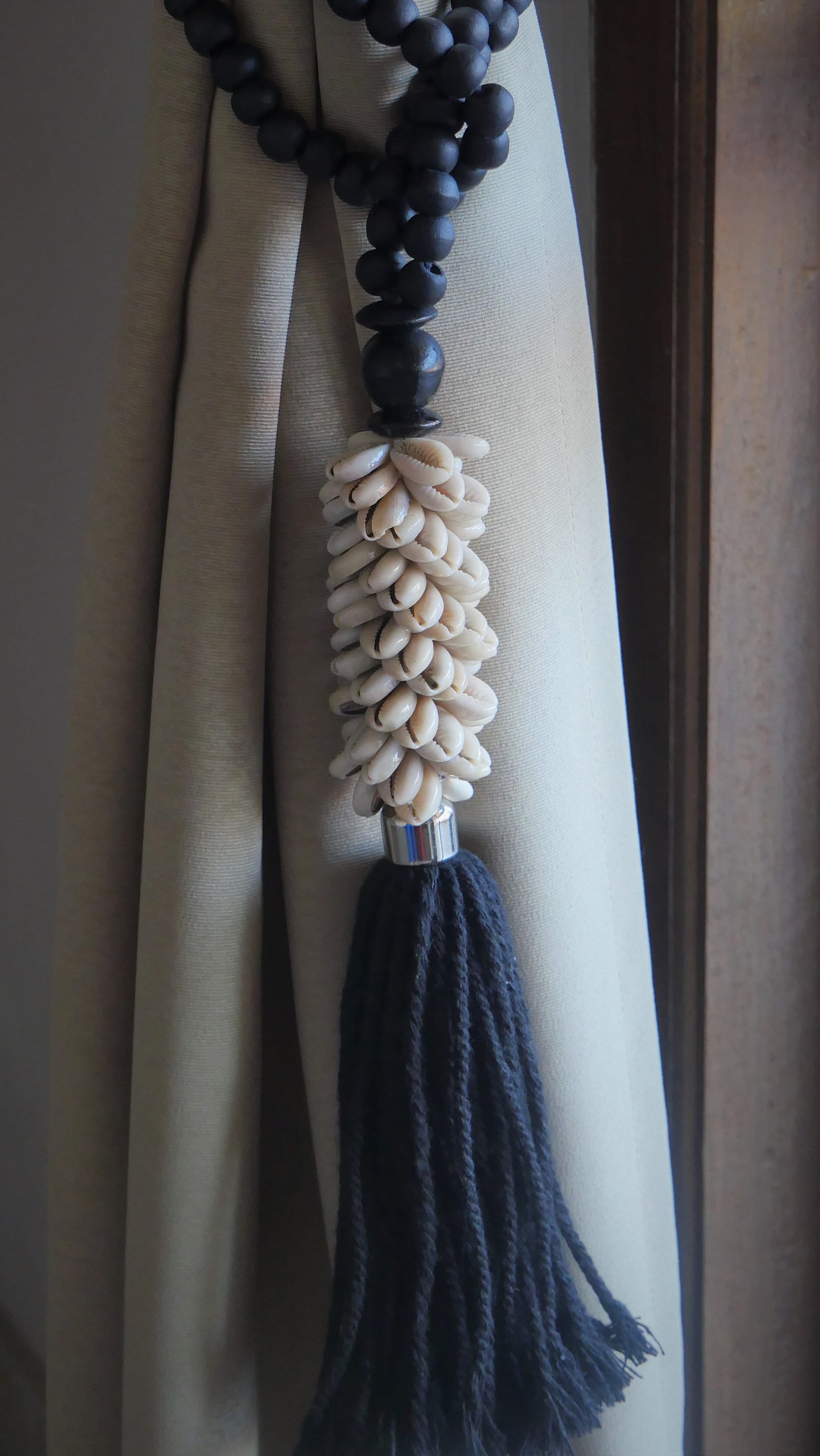 Pair of Handmade Boho Bed and Curtain Tassels with sea shells, Curtain Decor Accessories, White Curtain Holdback, Black Curtain Holdback
