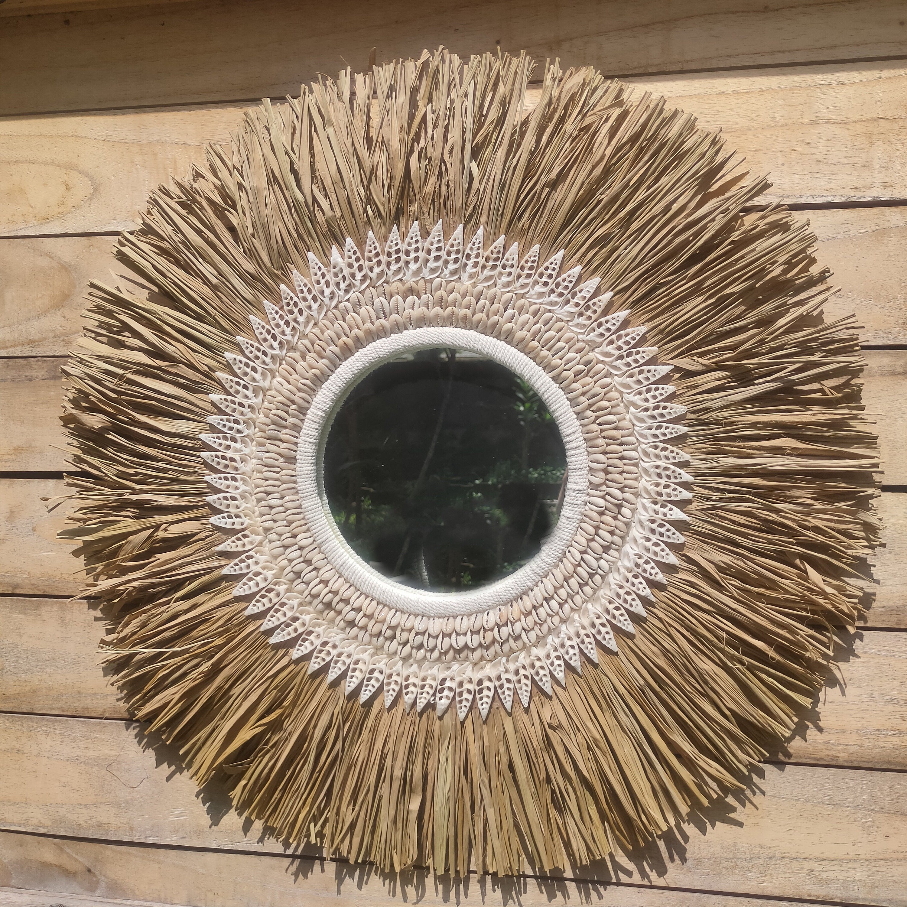 Papua Shell and Grass Mirror - Raffia Seashells Round Mirror - Seagreass Round Mirror - Boho Wall Mirror - Cowrie Wall Mirror -