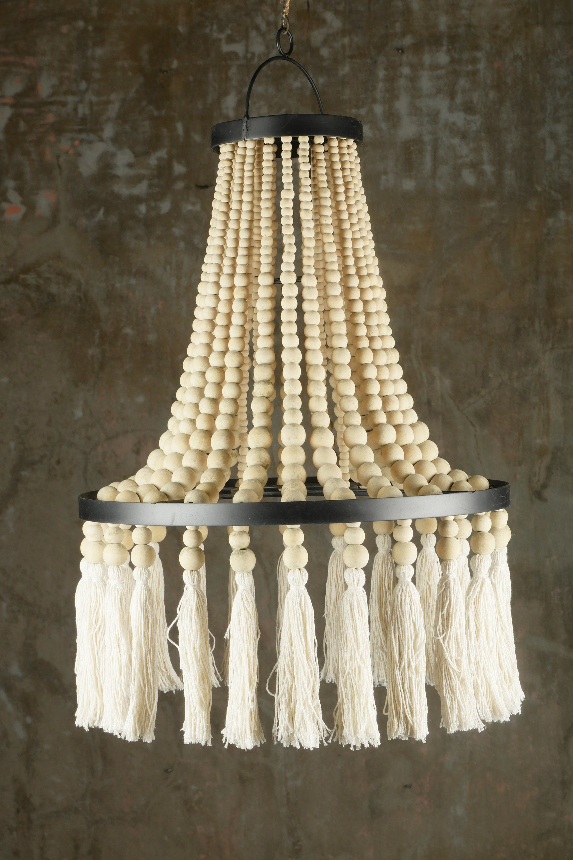 The Tassels and Wood beaded Lampshade - Beaded Chandelier - Bohemian Chandelier - Natural Lampshade - Wooden Chandelier - Boho Lampshade