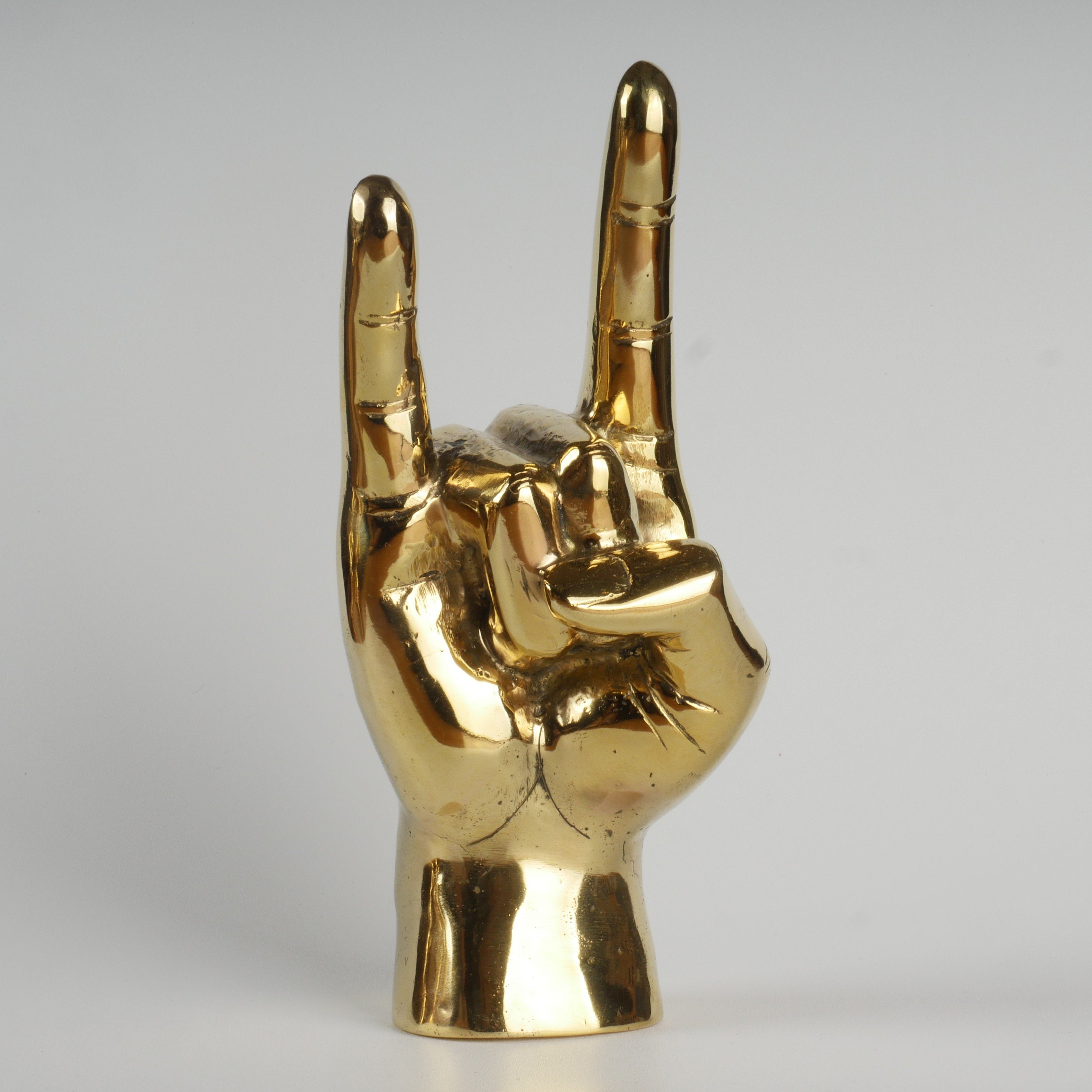 9” Tall Brass Hand Sculpture with Texas Longhorns "Hook 'Em Horns" Like Hand Gesture; Shelf or Table Hand Figure – Made of Polished Brass