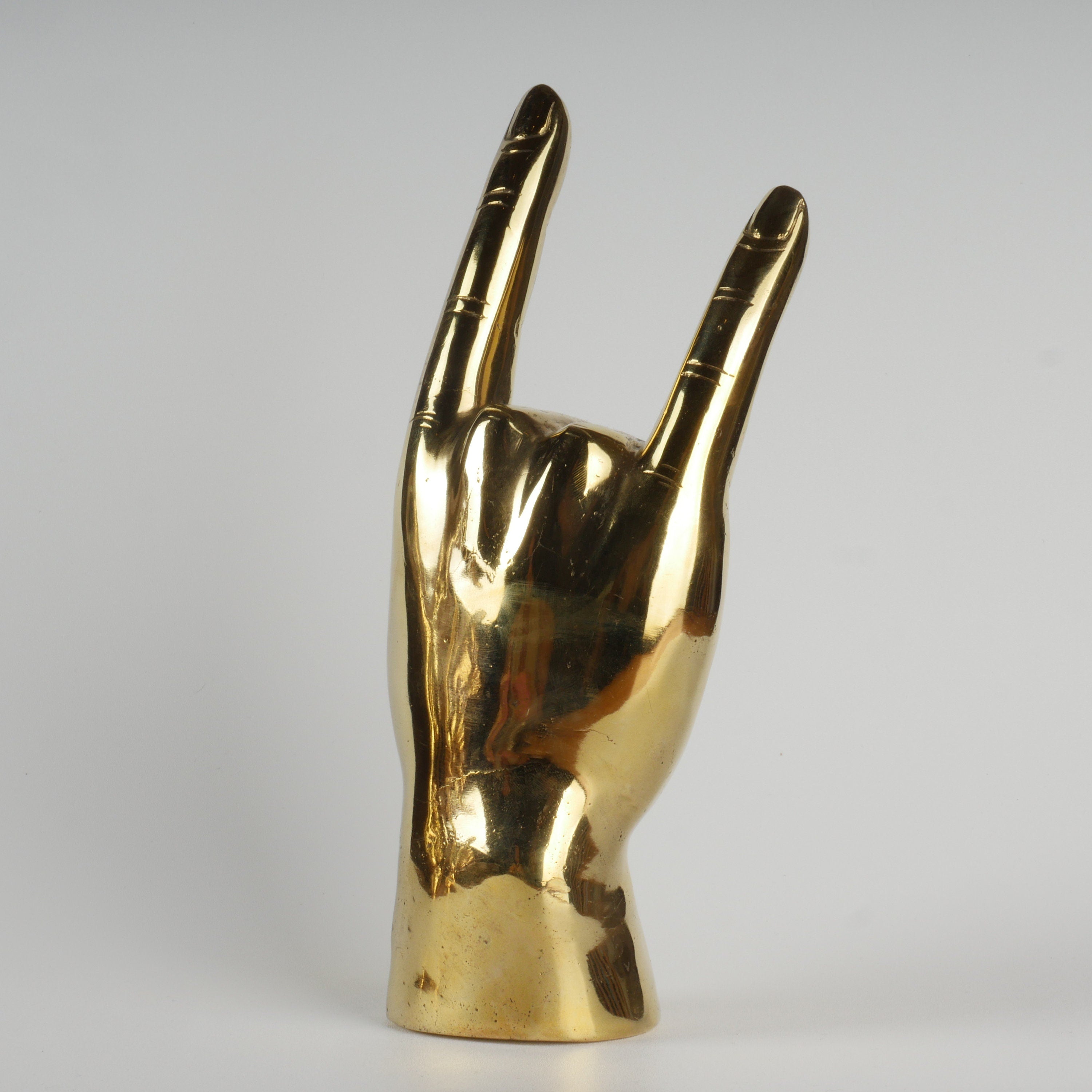 9” Tall Brass Hand Sculpture with Texas Longhorns "Hook 'Em Horns" Like Hand Gesture; Shelf or Table Hand Figure – Made of Polished Brass