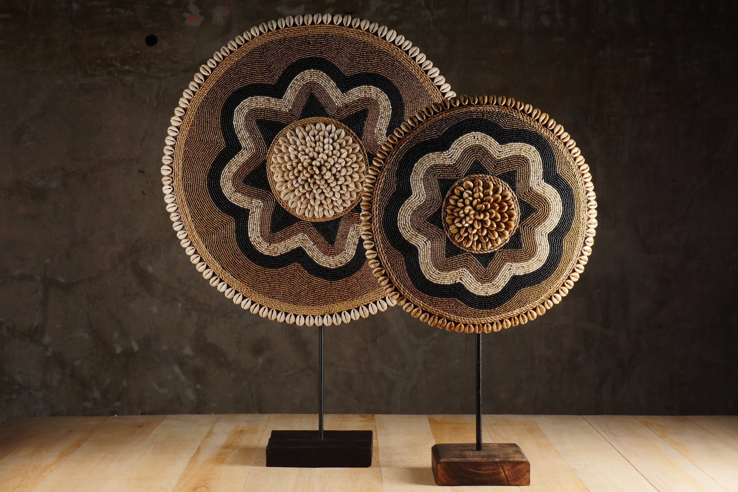 The Beaded Shield - Tikar Inspired Beaded Shield - Wooden Decorative Shield on stand