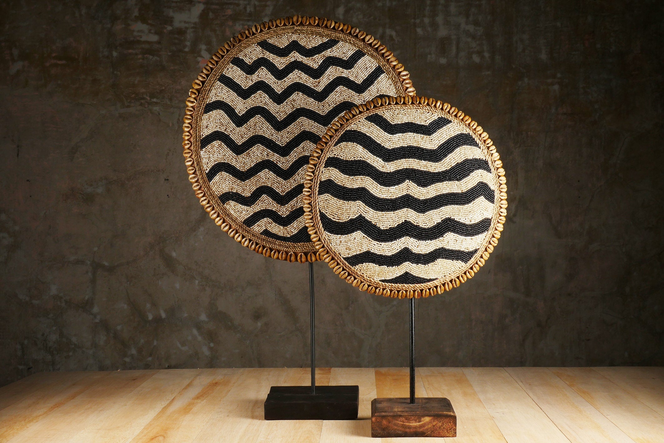 The Black Waved Beaded Shield - Tikar Inspired Beaded Shield - Wooden Decorative Shield on stand