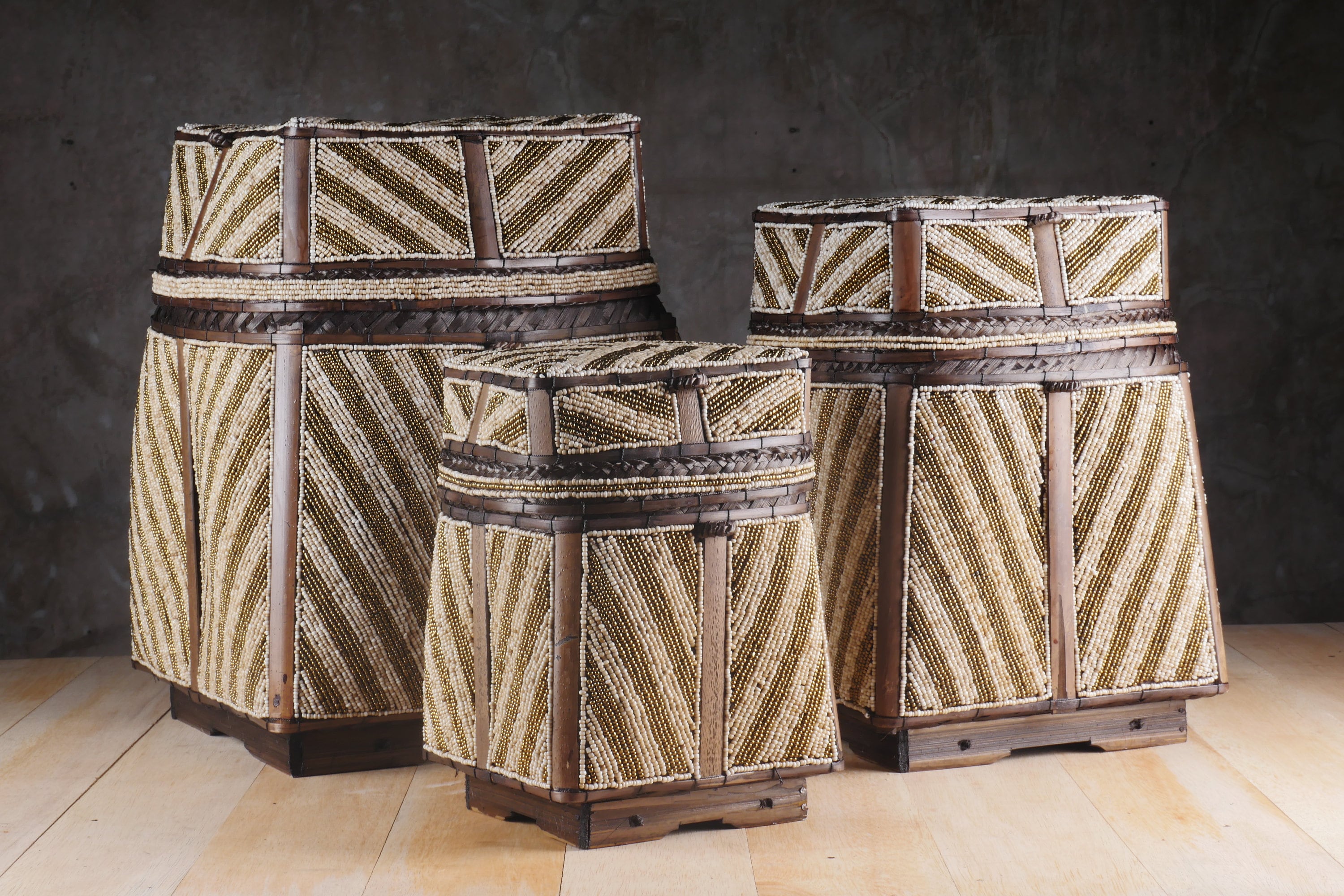 The Rice Baskets - Large decorative beaded baskets - Handmade balinese basket set - Large woven bamboo basket set - Beaded Basket